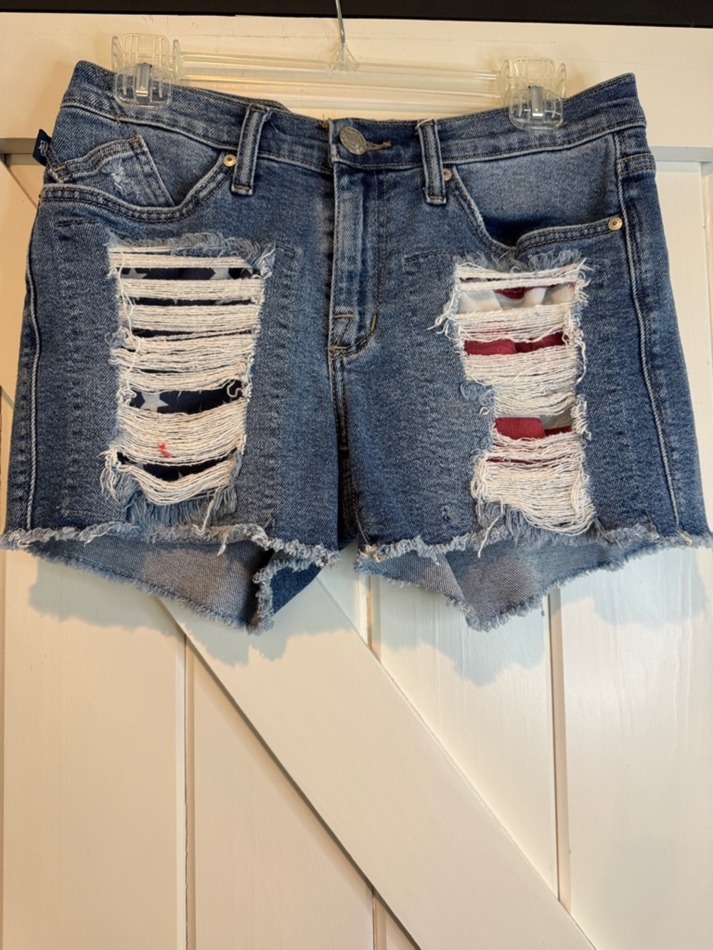Rock & Republic Distressed Blue Denim Jean Shorts with Red & Navy Underlay